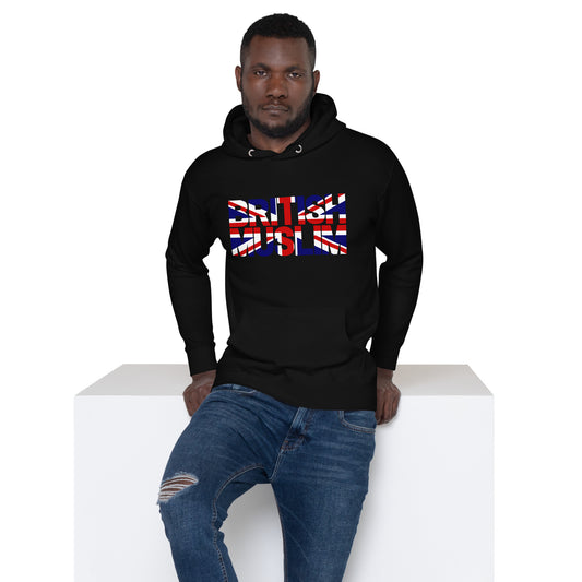 A man wearing a Black coloured Unisex Hoodie with the text saying BRITISH MUSLIM that is also in the colours of the british flag.