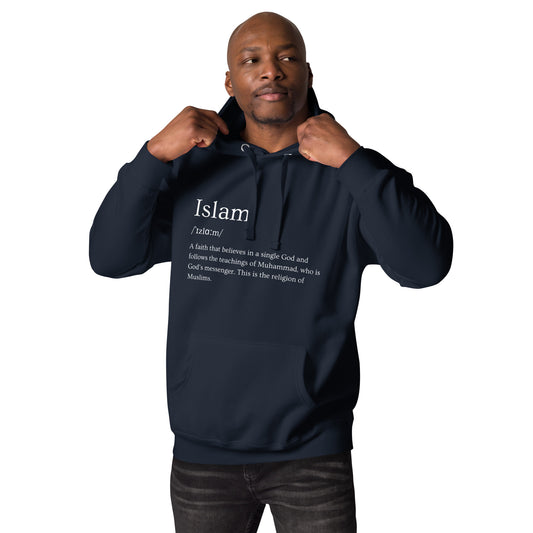 A navy hoodie with a text design of the definition of Islam.