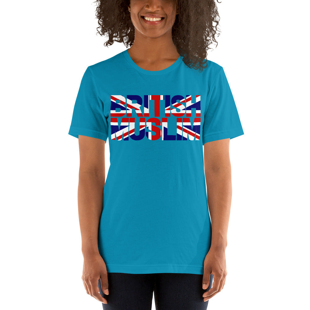 A woman wearing a Aqua Blue coloured Unisex T-shirt with the text saying BRITISH MUSLIM that is also in the colours of the british flag.