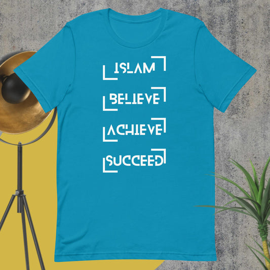 A aqua coloured t-shirt displaying the words islam, believe, achieve, succeed.