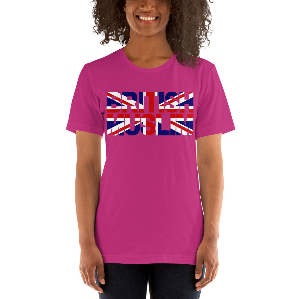 A woman wearing a Berry Purple coloured Unisex T-shirt with the text saying BRITISH MUSLIM that is also in the colours of the british flag.