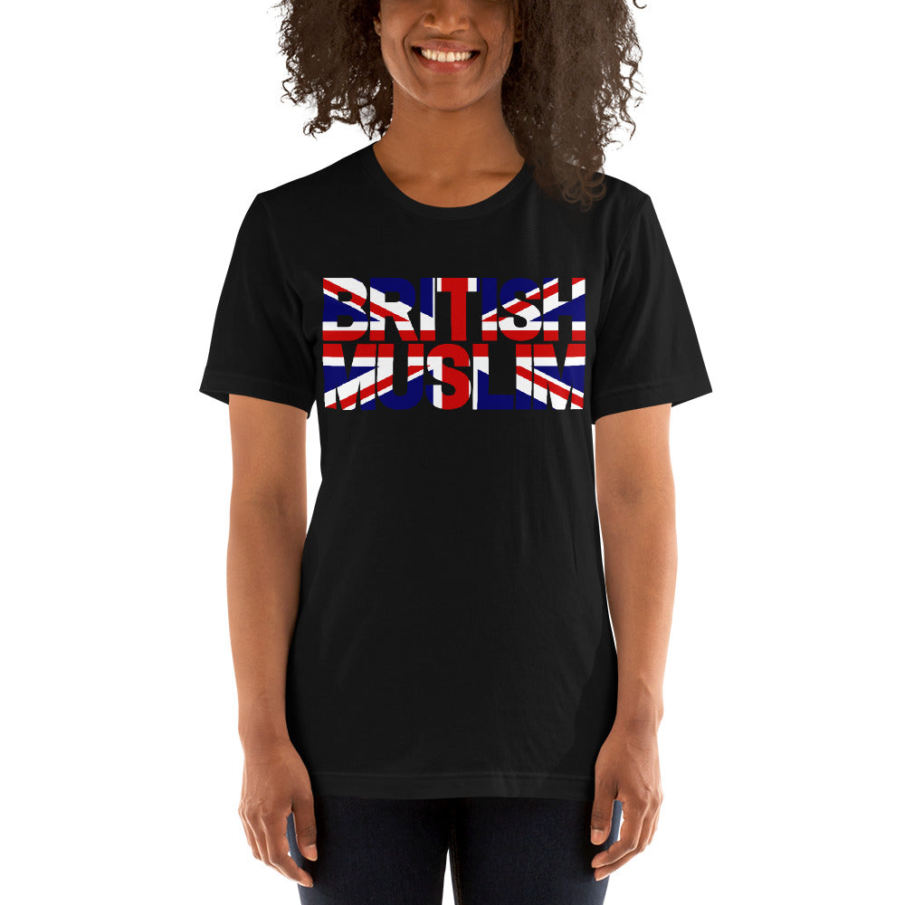 A woman wearing a Black coloured Unisex T-shirt with the text saying BRITISH MUSLIM that is also in the colours of the british flag.