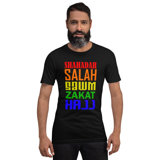 A man wearing a t-shirt displaying the words of the 5 pillars of islam in a variety of colours.