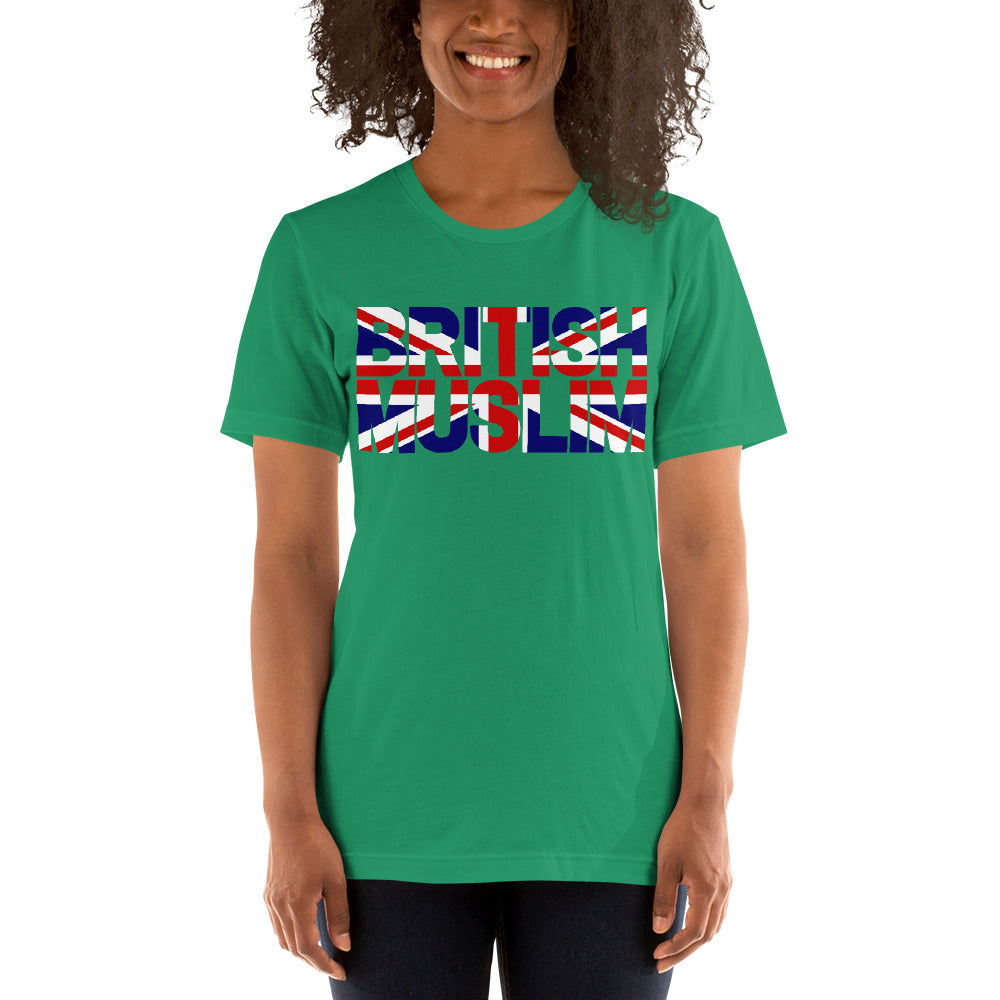 A woman wearing a Kelly Green coloured Unisex T-shirt with the text saying BRITISH MUSLIM that is also in the colours of the british flag.