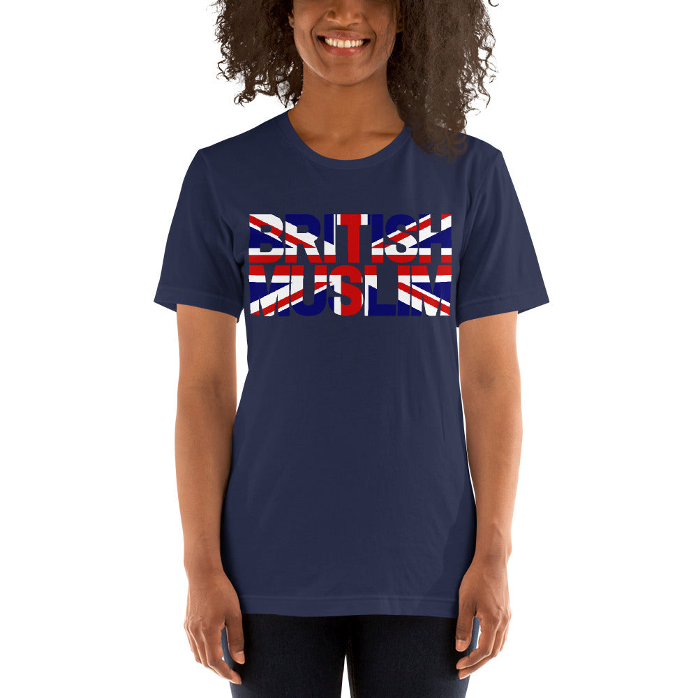 A woman wearing a navy coloured Unisex T-shirt with the text saying BRITISH MUSLIM that is also in the colours of the british flag.