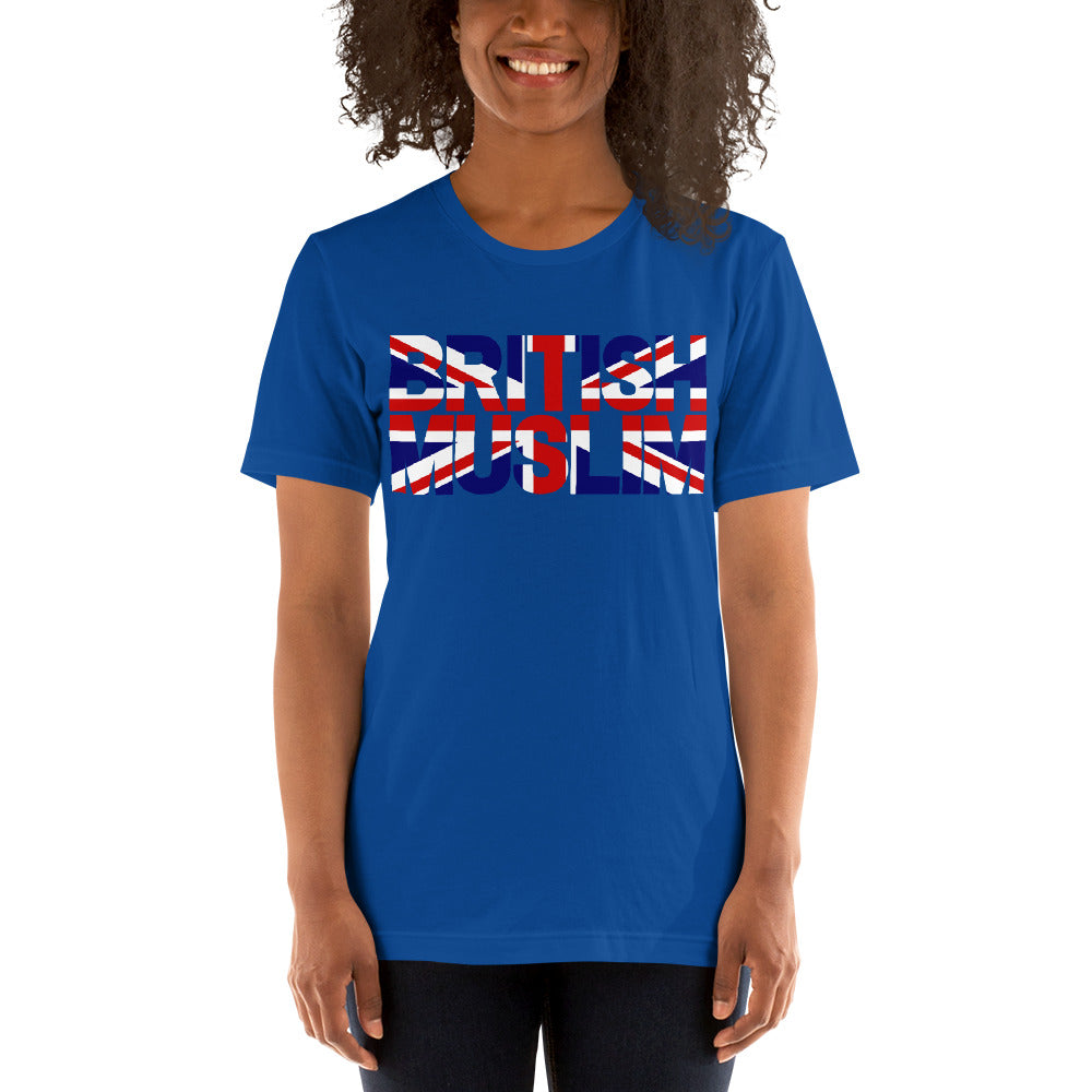 A woman wearing a True Royal Blue coloured Unisex T-shirt with the text saying BRITISH MUSLIM that is also in the colours of the british flag.