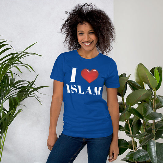 Stylish blue Islamic T-shirt featuring the ‘I Love Islam’ design.